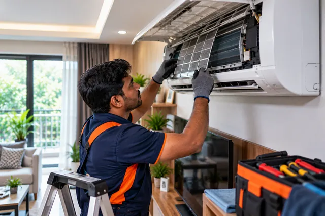 Air Conditioner repair technician at work