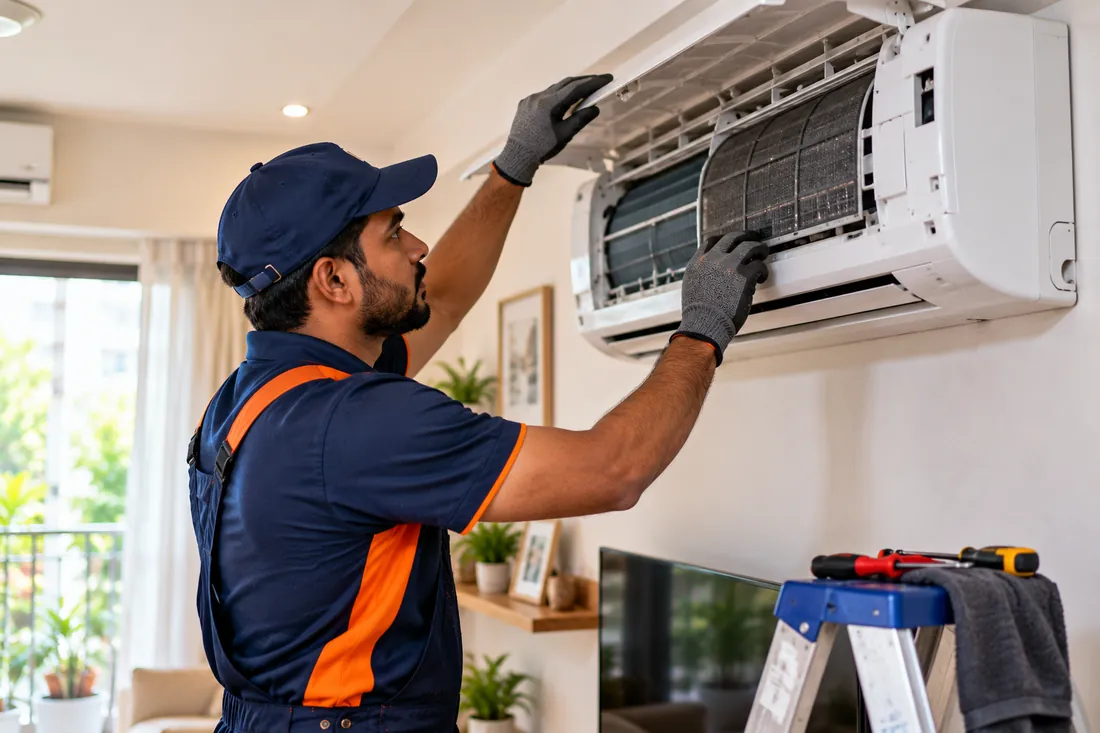Air Conditioner repair technician fitting a spare part