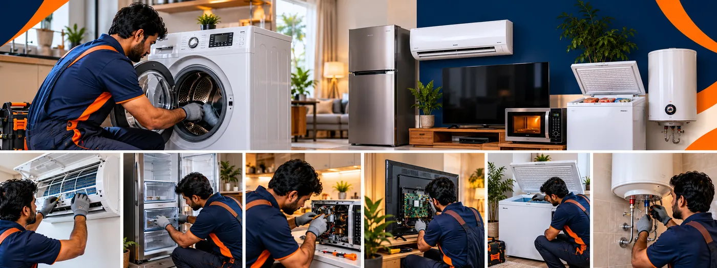 HomeRepairsHub technicians repairing washing machines, refrigerators, ACs, TVs, microwaves and deep freezers