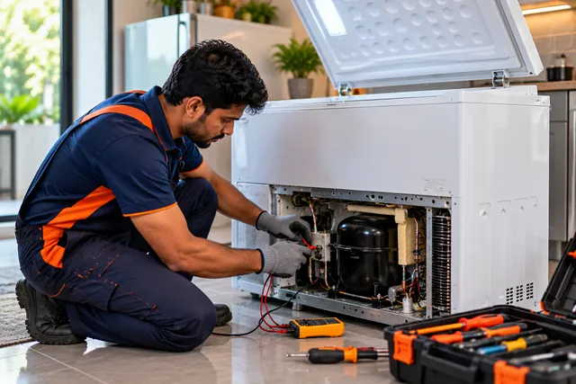 Deep Freezer repair technician at work
