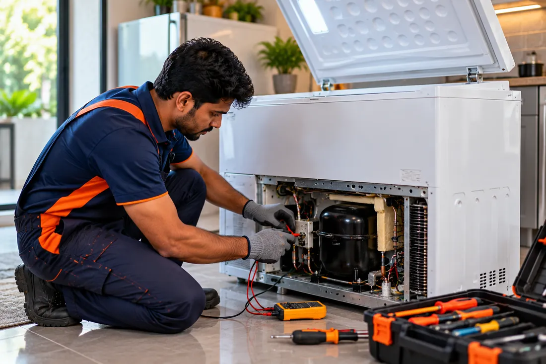 Deep Freezer repair technician at work