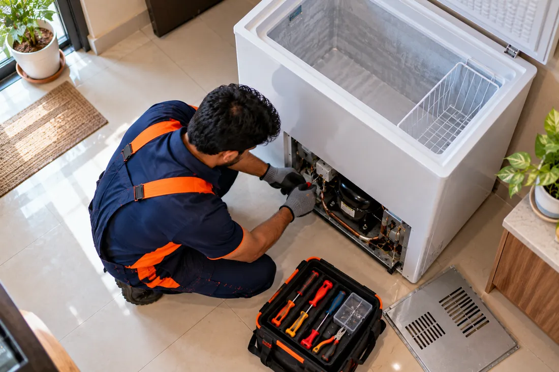Deep Freezer repair technician fitting a spare part