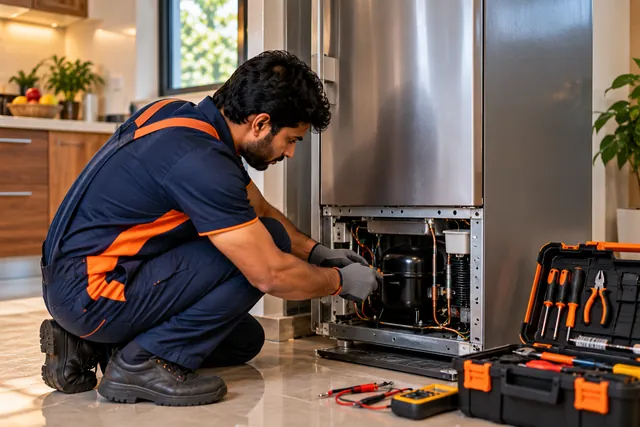 Refrigerator repair technician at work