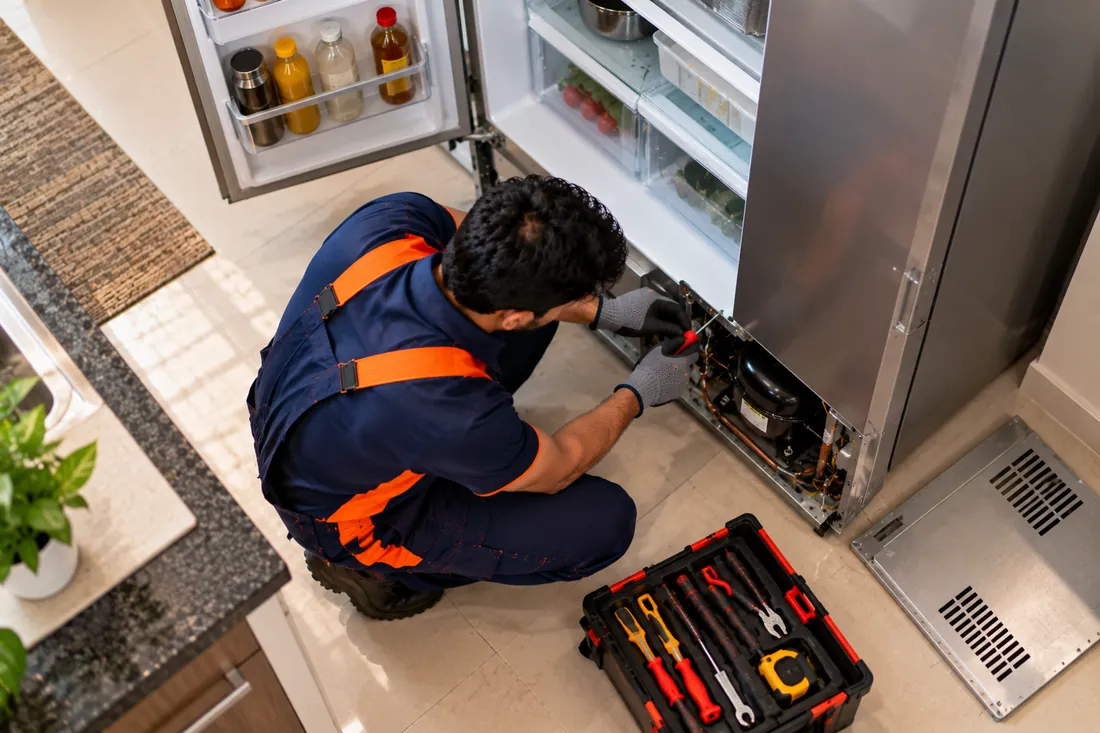 Refrigerator repair technician fitting a spare part
