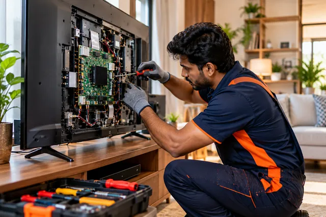 Television repair technician at work