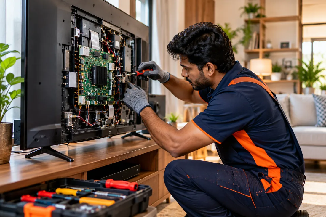 Television repair technician at work
