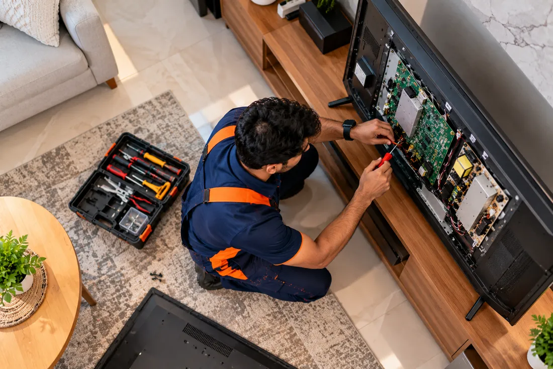Television repair technician fitting a spare part